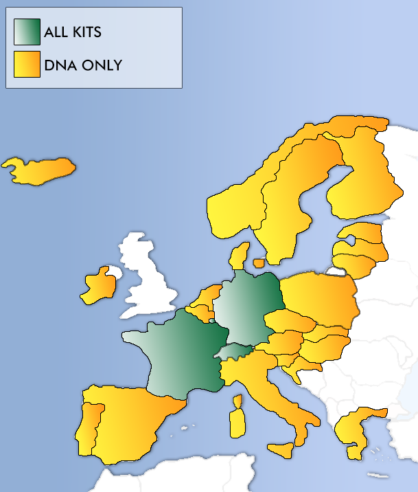 Hormone analysis map of Europe with shipping colour codes